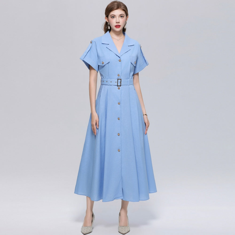 CM-DY072028 Women Elegant European Style Lapel Neckline Short Sleeve Single-Breasted A-Line Dress - Blue