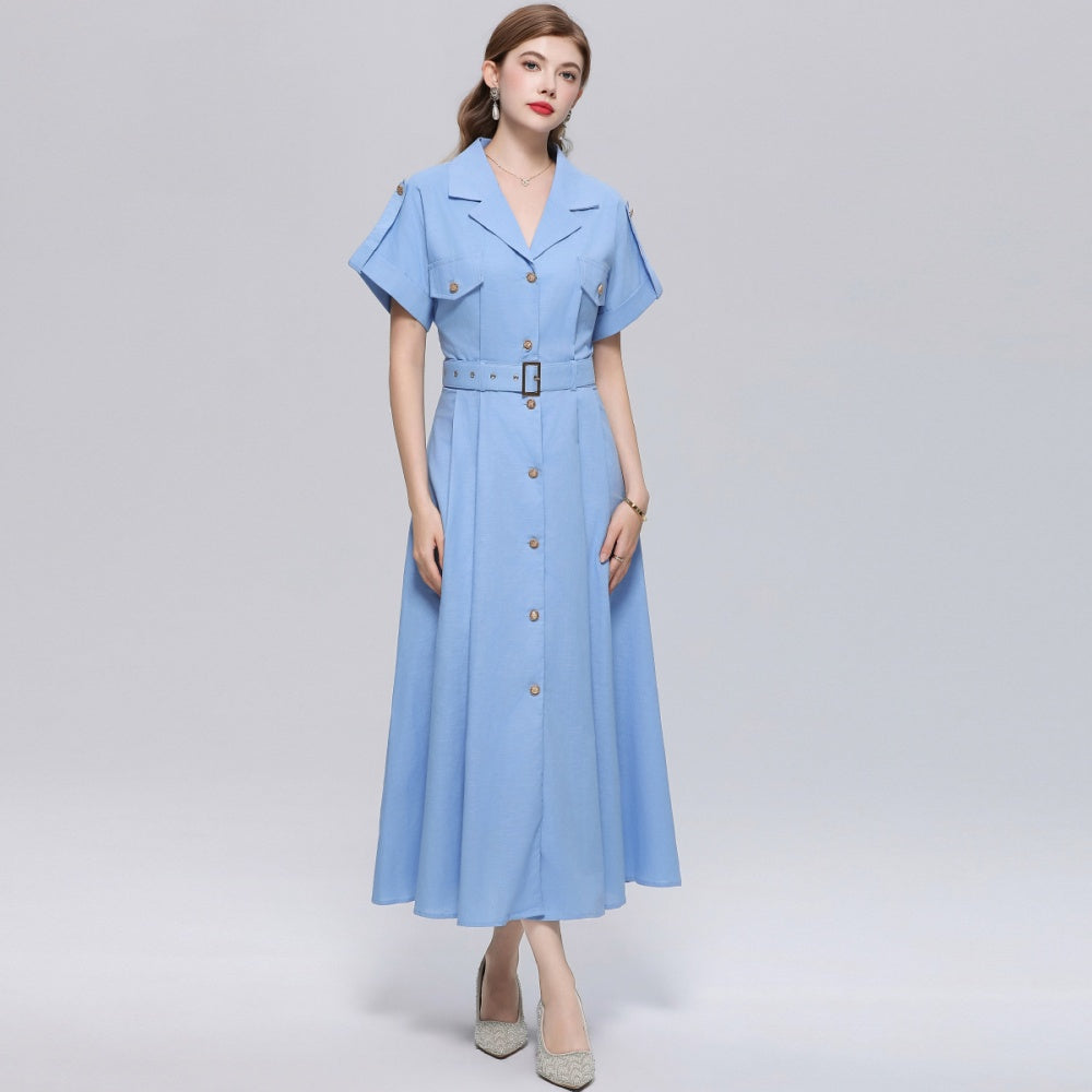 CM-DY072028 Women Elegant European Style Lapel Neckline Short Sleeve Single-Breasted A-Line Dress - Blue