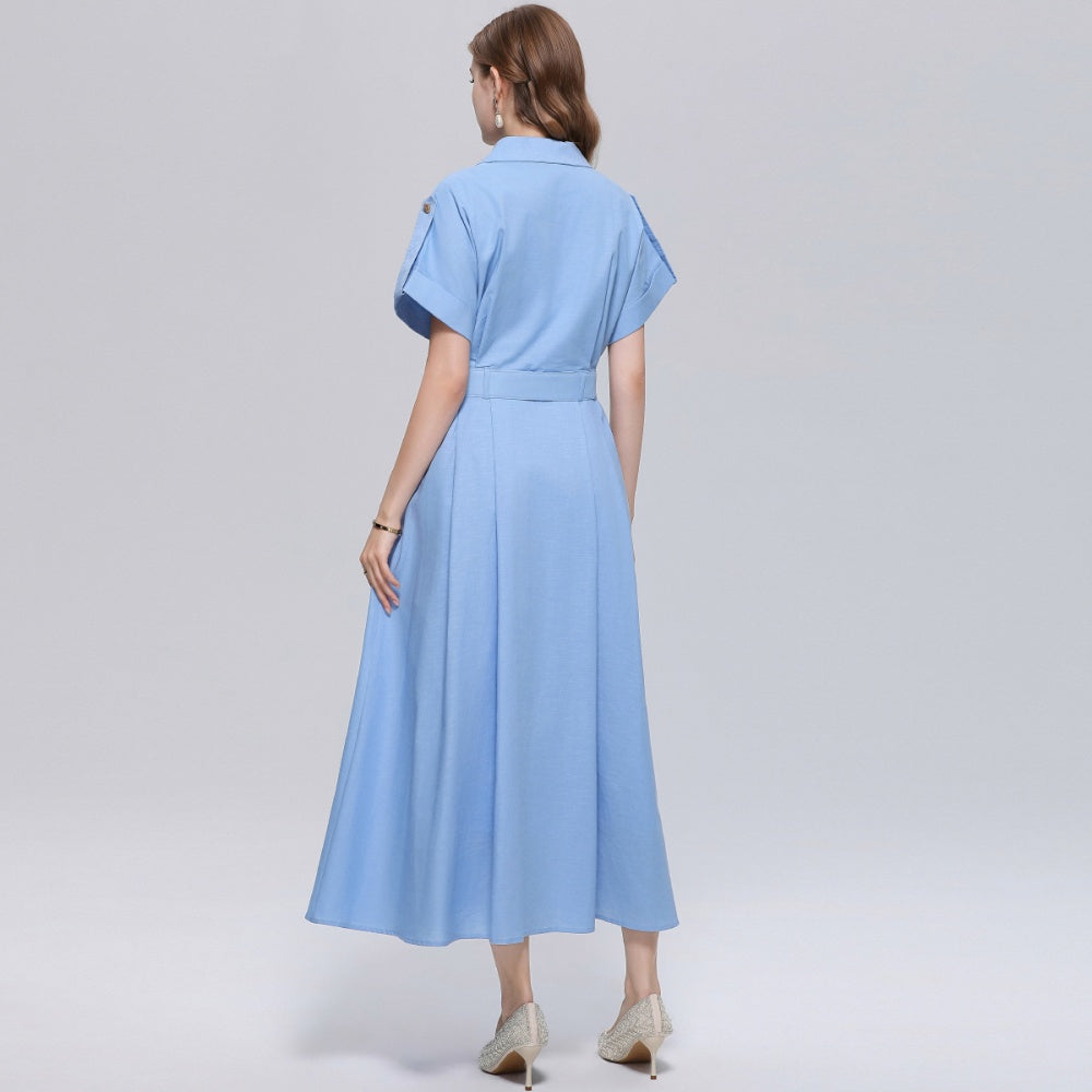 CM-DY072028 Women Elegant European Style Lapel Neckline Short Sleeve Single-Breasted A-Line Dress - Blue