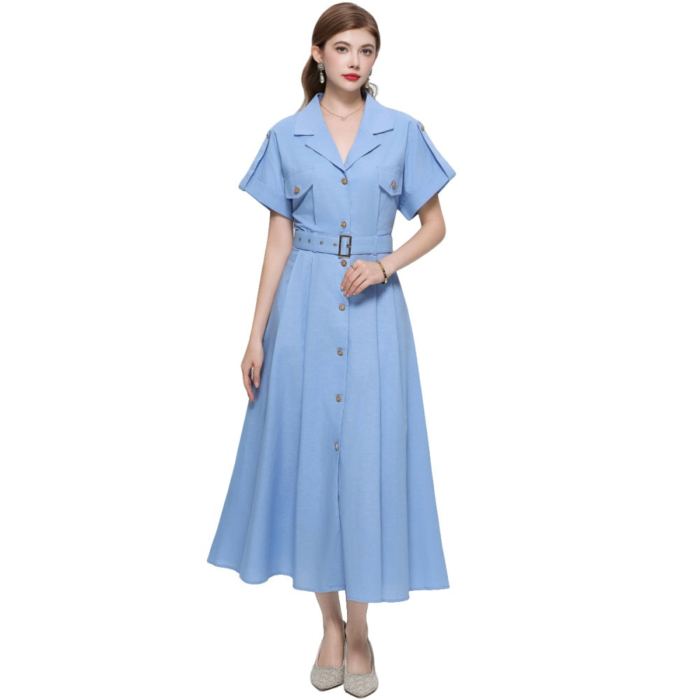 CM-DY072028 Women Elegant European Style Lapel Neckline Short Sleeve Single-Breasted A-Line Dress - Blue