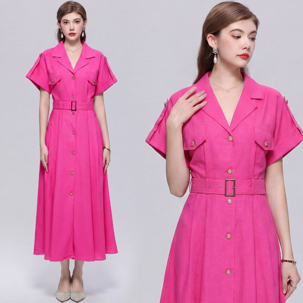 CM-DY072029 Women Elegant European Style Lapel Neckline Short Sleeve Single-Breasted A-Line Dress - Rose Red