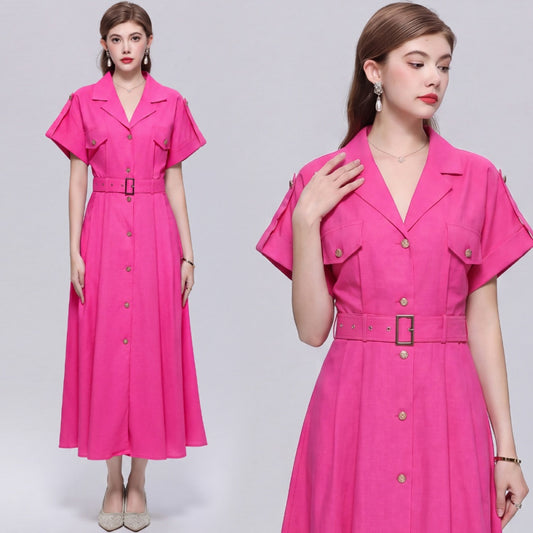 CM-DY072029 Women Elegant European Style Lapel Neckline Short Sleeve Single-Breasted A-Line Dress - Rose Red