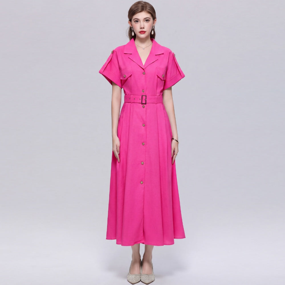 CM-DY072029 Women Elegant European Style Lapel Neckline Short Sleeve Single-Breasted A-Line Dress - Rose Red