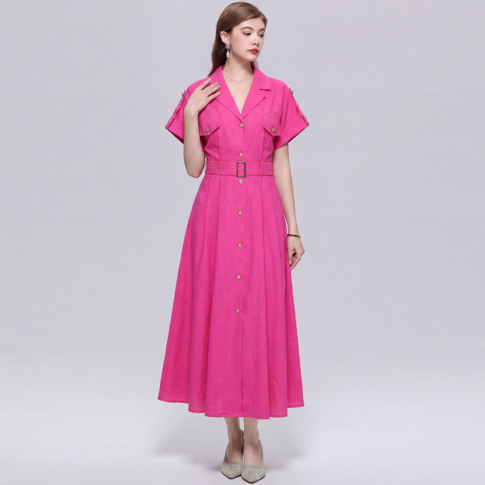 CM-DY072029 Women Elegant European Style Lapel Neckline Short Sleeve Single-Breasted A-Line Dress - Rose Red