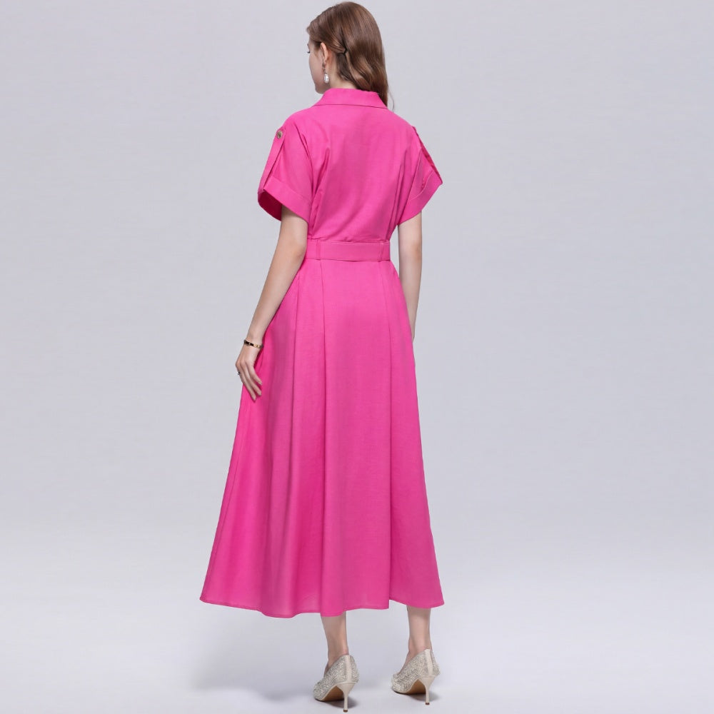 CM-DY072029 Women Elegant European Style Lapel Neckline Short Sleeve Single-Breasted A-Line Dress - Rose Red