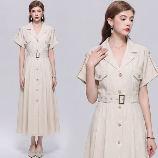 CM-DY072030 Women Elegant European Style Lapel Neckline Short Sleeve Single-Breasted A-Line Dress - Apricot
