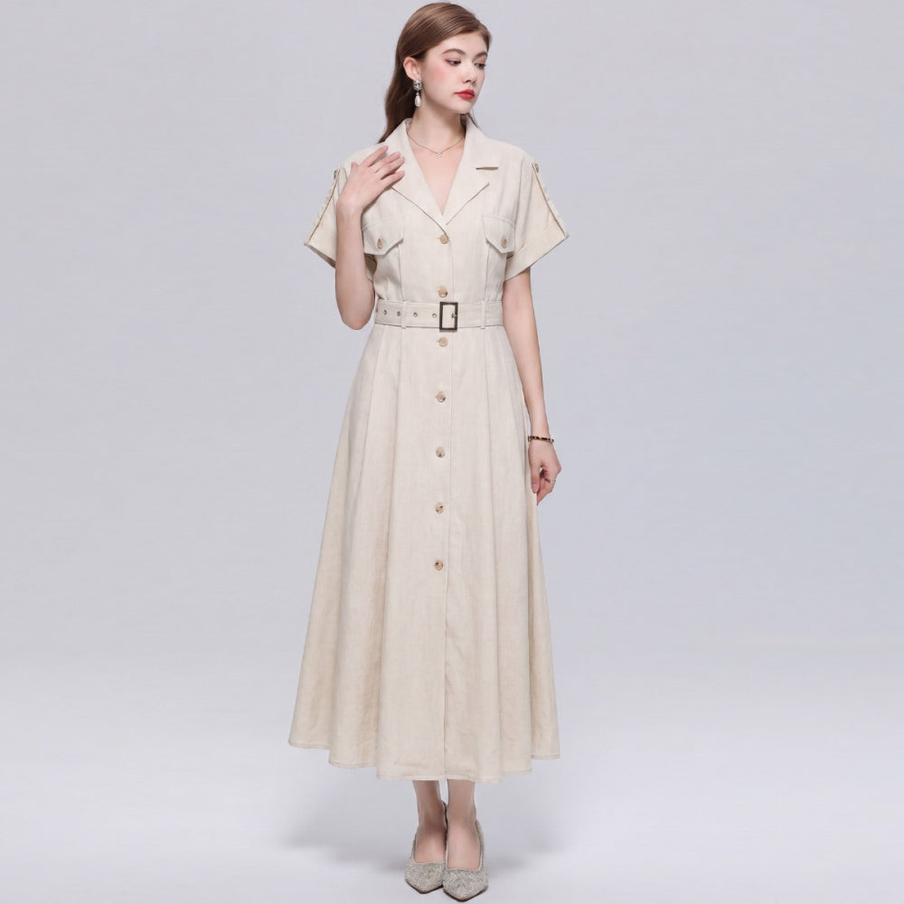 CM-DY072030 Women Elegant European Style Lapel Neckline Short Sleeve Single-Breasted A-Line Dress - Apricot