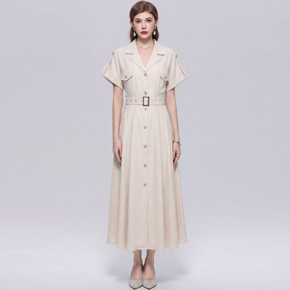 CM-DY072030 Women Elegant European Style Lapel Neckline Short Sleeve Single-Breasted A-Line Dress - Apricot