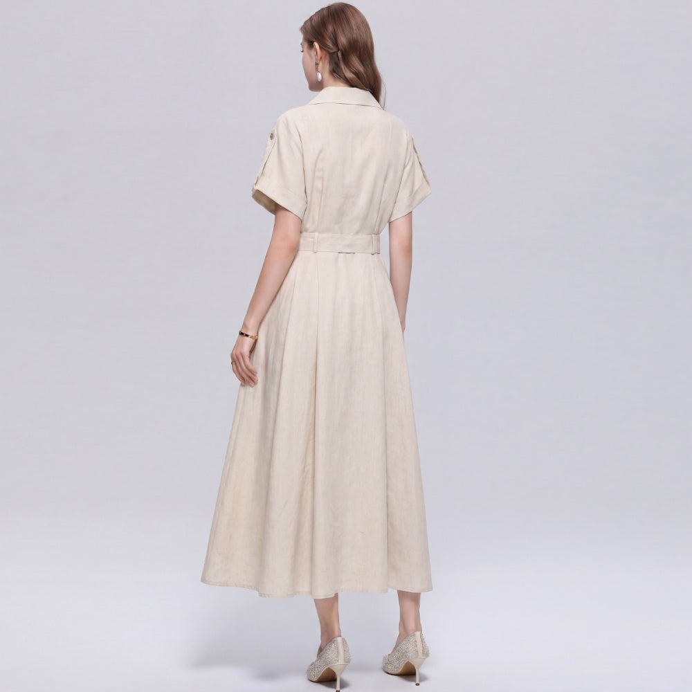 CM-DY072030 Women Elegant European Style Lapel Neckline Short Sleeve Single-Breasted A-Line Dress - Apricot