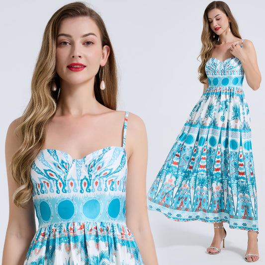 CM-DY072444 Women Elegant European Style Floral Print Sleeveless Pinched Waist A-Line Maxi Dress