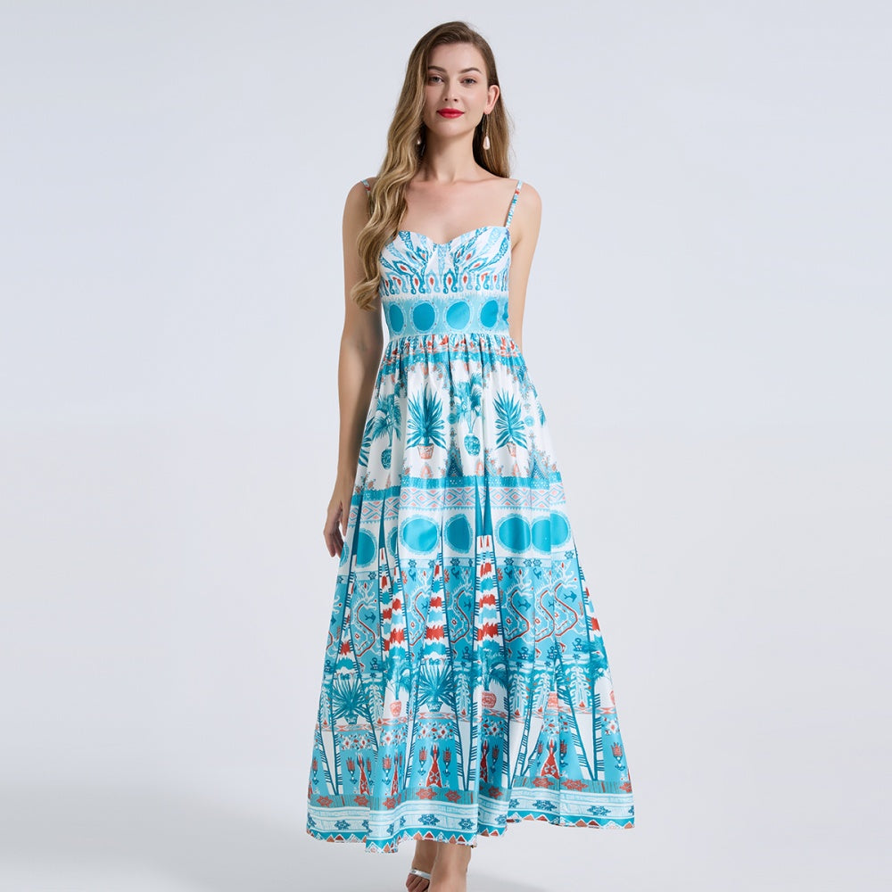 CM-DY072444 Women Elegant European Style Floral Print Sleeveless Pinched Waist A-Line Maxi Dress