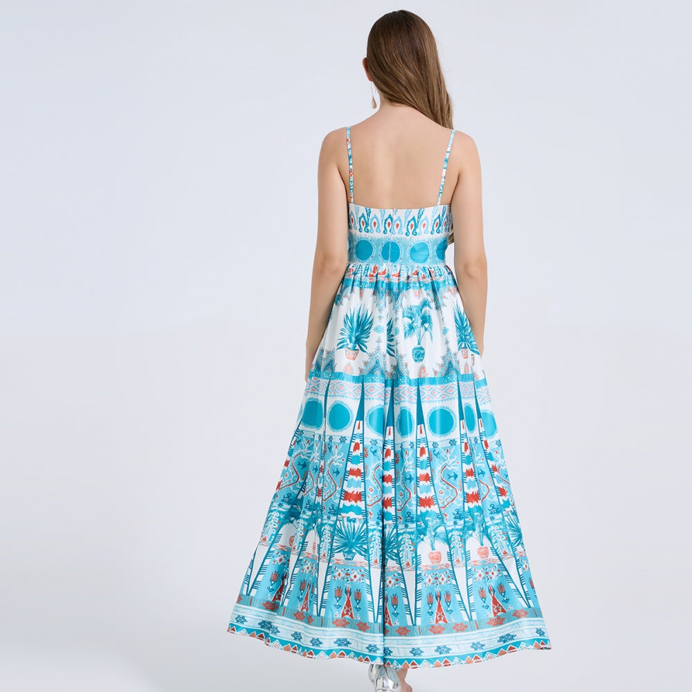 CM-DY072444 Women Elegant European Style Floral Print Sleeveless Pinched Waist A-Line Maxi Dress