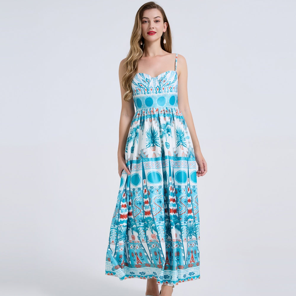 CM-DY072444 Women Elegant European Style Floral Print Sleeveless Pinched Waist A-Line Maxi Dress