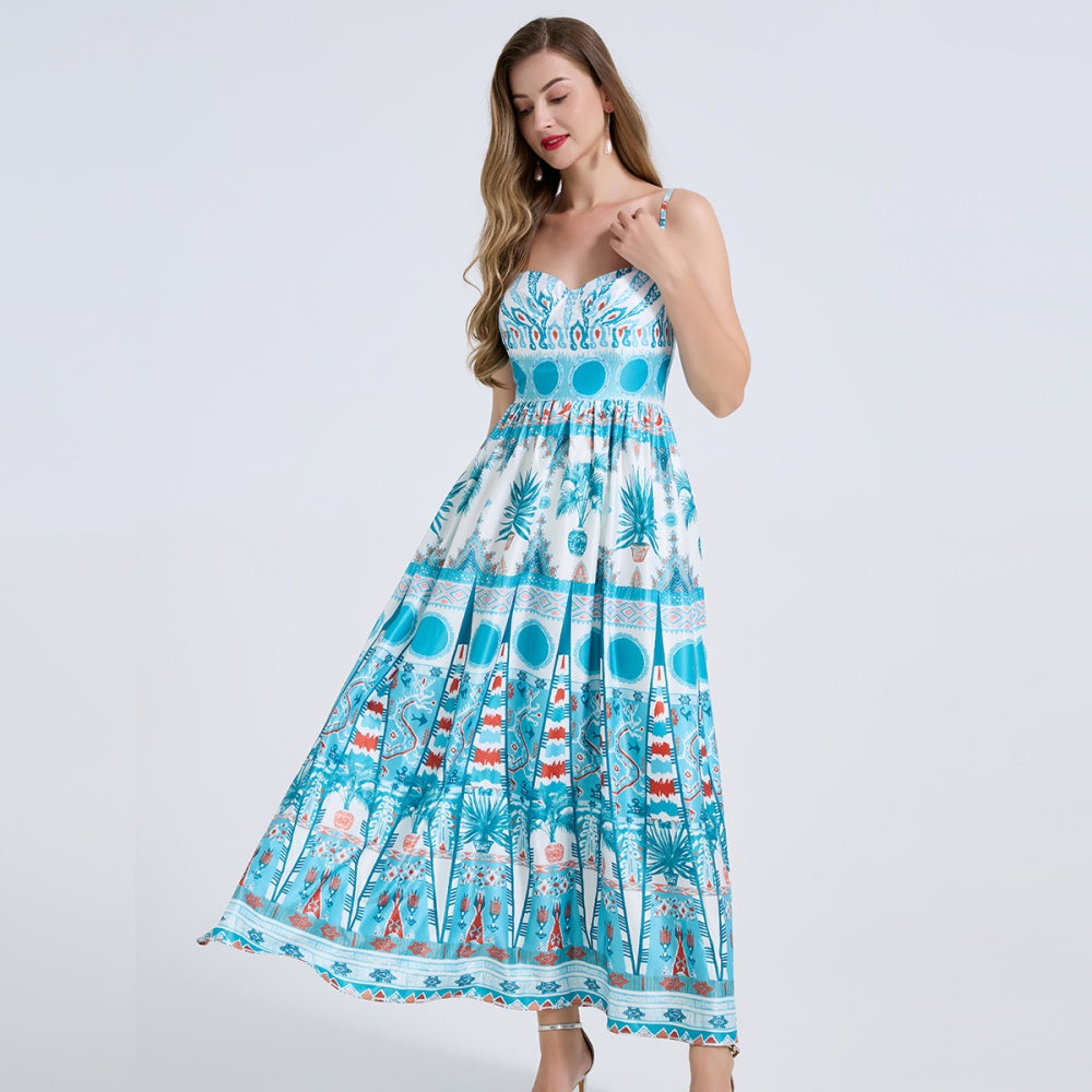 CM-DY072444 Women Elegant European Style Floral Print Sleeveless Pinched Waist A-Line Maxi Dress