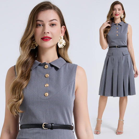 CM-DY072445 Women Elegant European Style Shirt Collar Sleeveless Pleated High Waist Slim Midi Dress - Gray