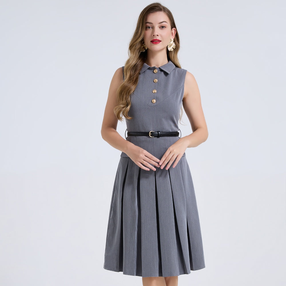 CM-DY072445 Women Elegant European Style Shirt Collar Sleeveless Pleated High Waist Slim Midi Dress - Gray
