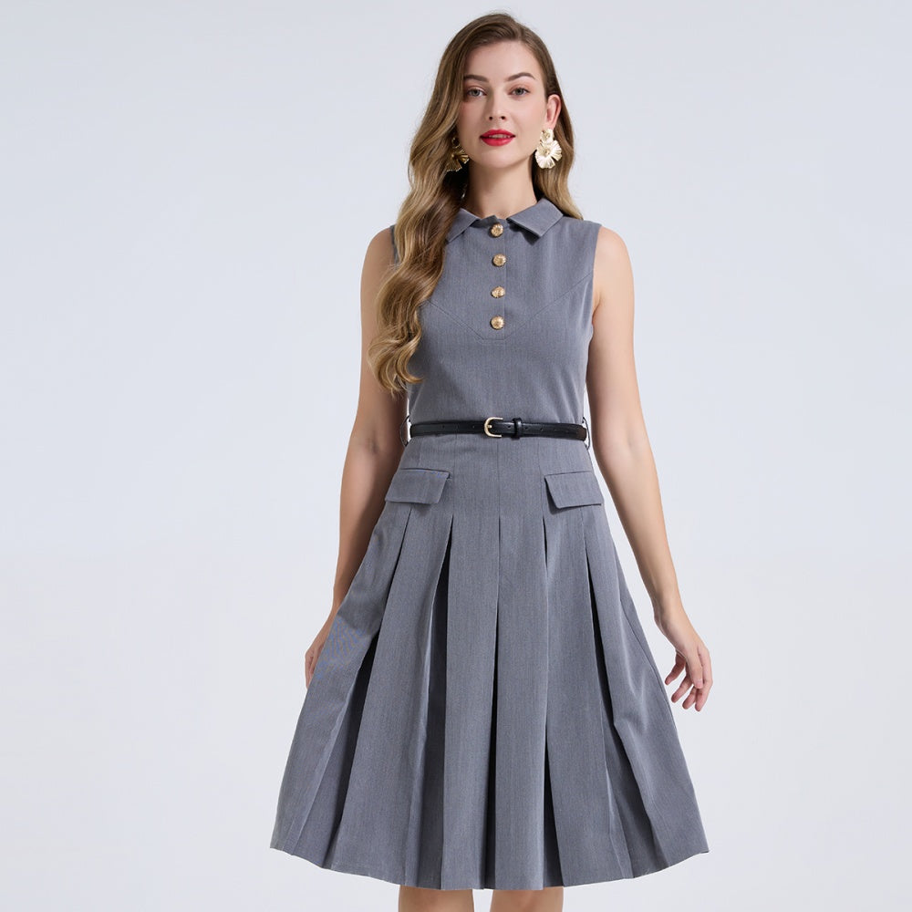 CM-DY072445 Women Elegant European Style Shirt Collar Sleeveless Pleated High Waist Slim Midi Dress - Gray
