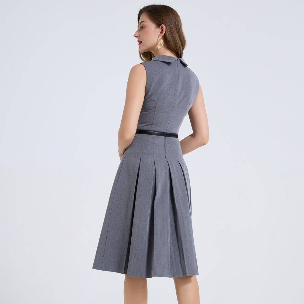 CM-DY072445 Women Elegant European Style Shirt Collar Sleeveless Pleated High Waist Slim Midi Dress - Gray