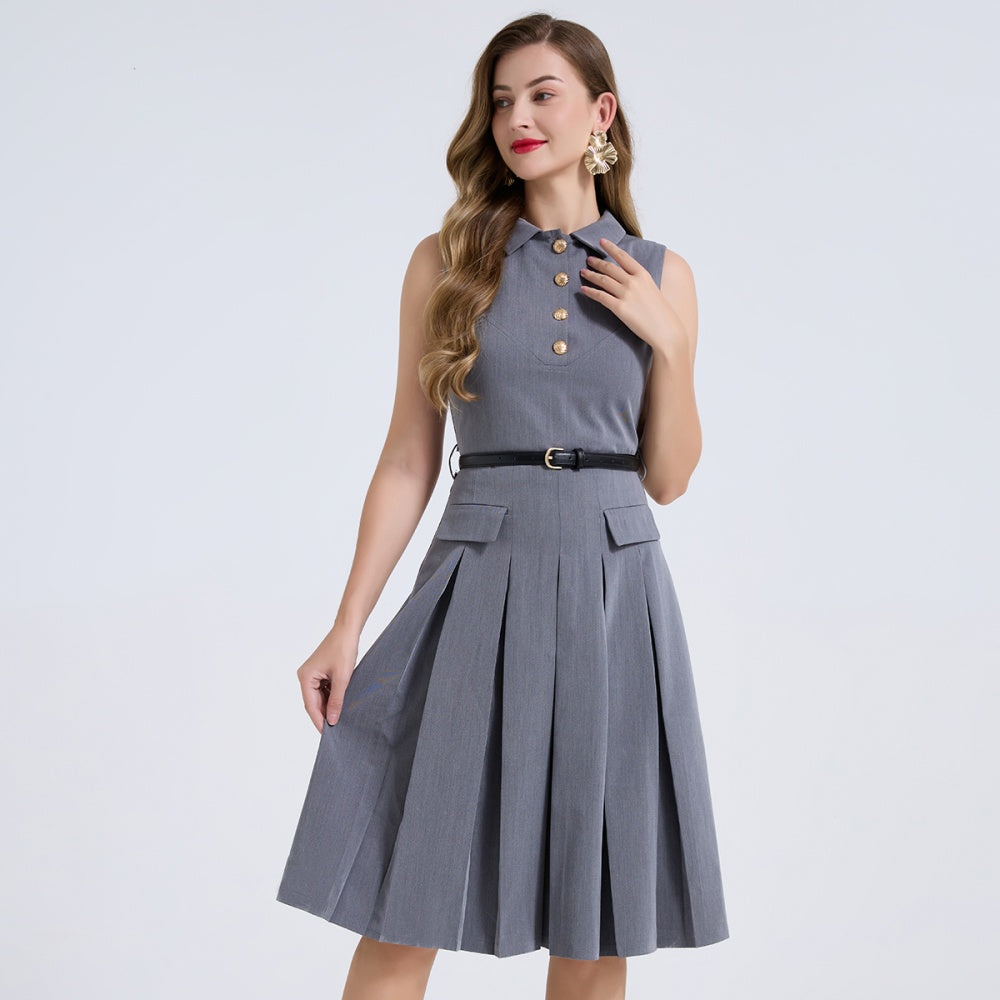 CM-DY072445 Women Elegant European Style Shirt Collar Sleeveless Pleated High Waist Slim Midi Dress - Gray