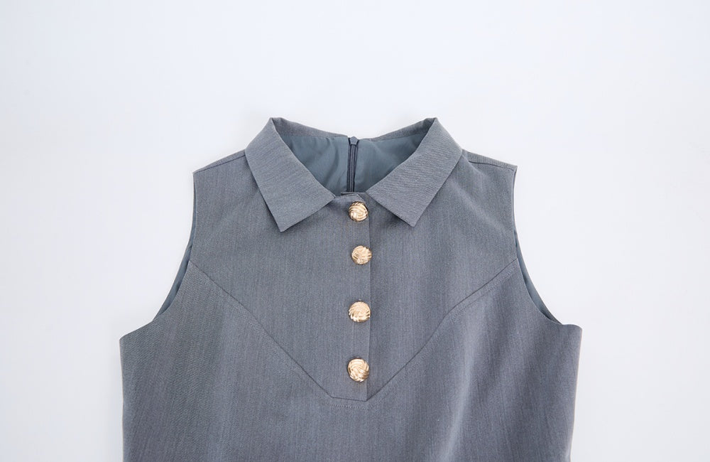 CM-DY072445 Women Elegant European Style Shirt Collar Sleeveless Pleated High Waist Slim Midi Dress - Gray