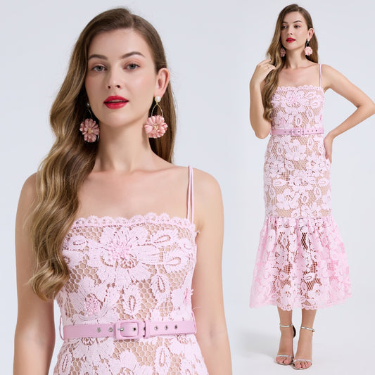 CM-DY072448 Women Elegant European Style Spaghetti Strap Sleeveless High Waist Midi Dress - Pink