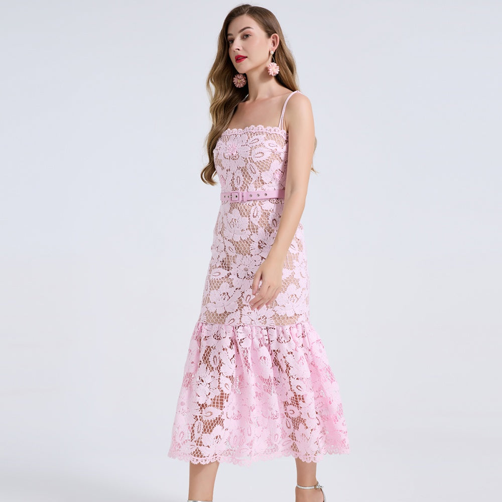 CM-DY072448 Women Elegant European Style Spaghetti Strap Sleeveless High Waist Midi Dress - Pink
