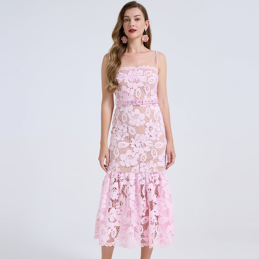 CM-DY072448 Women Elegant European Style Spaghetti Strap Sleeveless High Waist Midi Dress - Pink