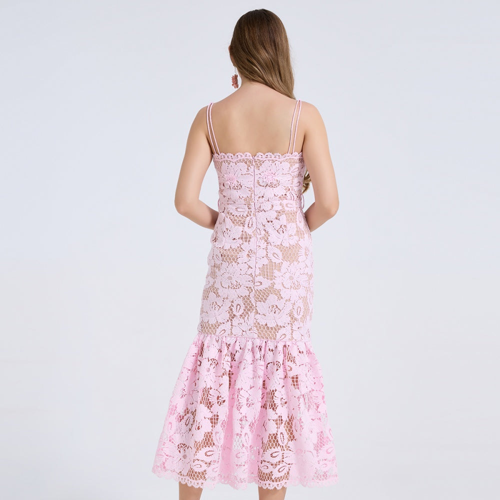 CM-DY072448 Women Elegant European Style Spaghetti Strap Sleeveless High Waist Midi Dress - Pink