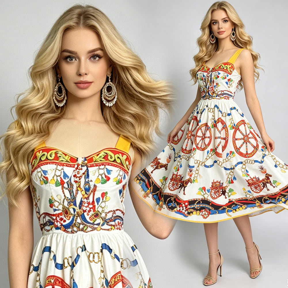 CM-DY072451 Women Elegant European Style Square Neck Sleeveless High Waist Midi Dress