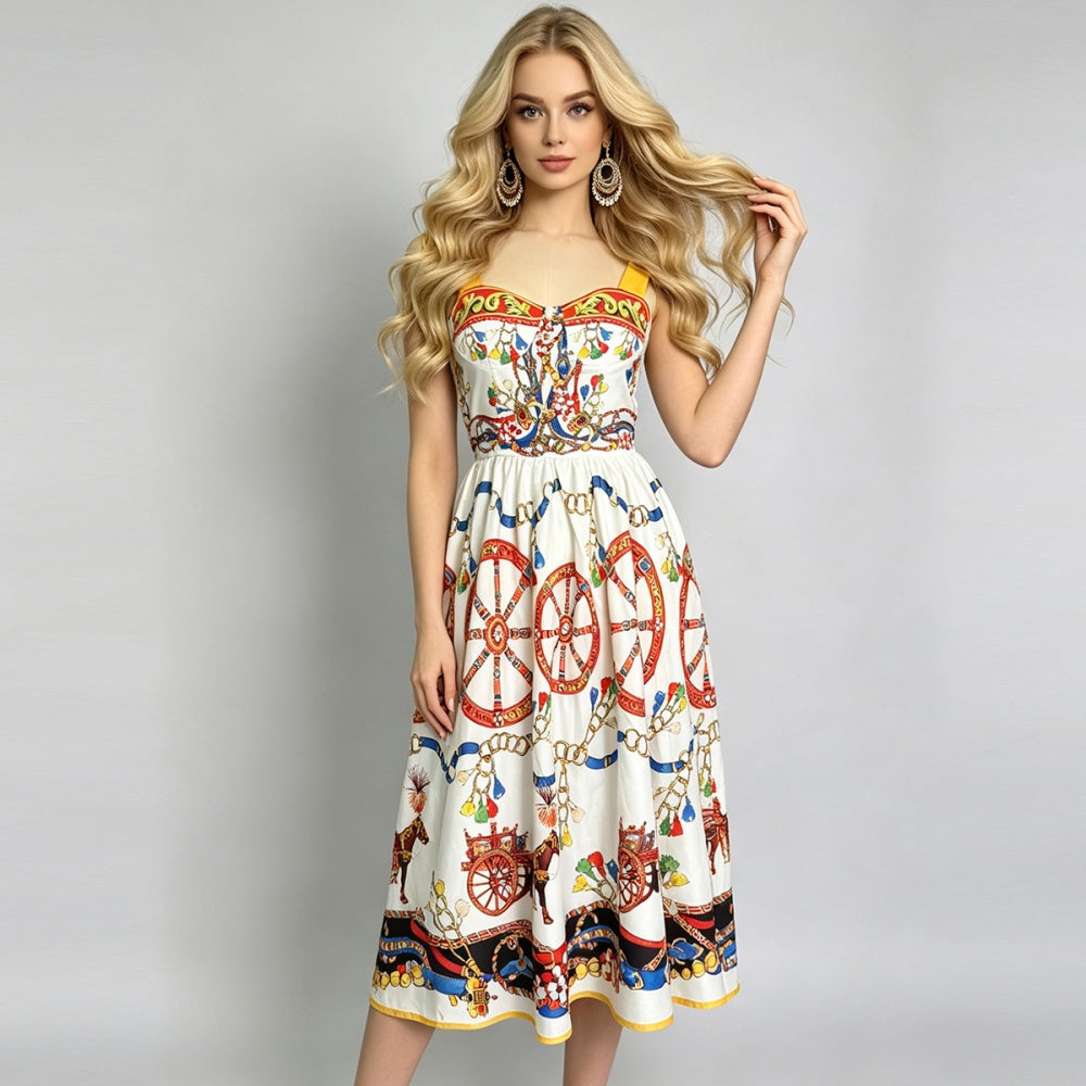 CM-DY072451 Women Elegant European Style Square Neck Sleeveless High Waist Midi Dress
