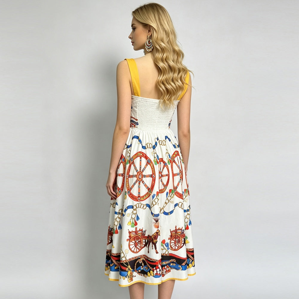 CM-DY072451 Women Elegant European Style Square Neck Sleeveless High Waist Midi Dress