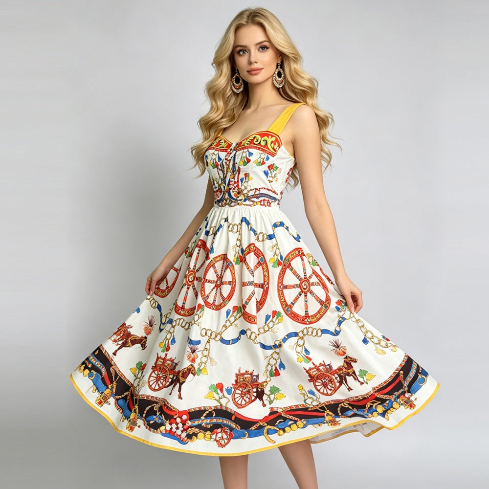 CM-DY072451 Women Elegant European Style Square Neck Sleeveless High Waist Midi Dress
