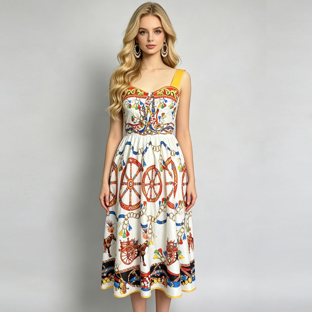 CM-DY072451 Women Elegant European Style Square Neck Sleeveless High Waist Midi Dress