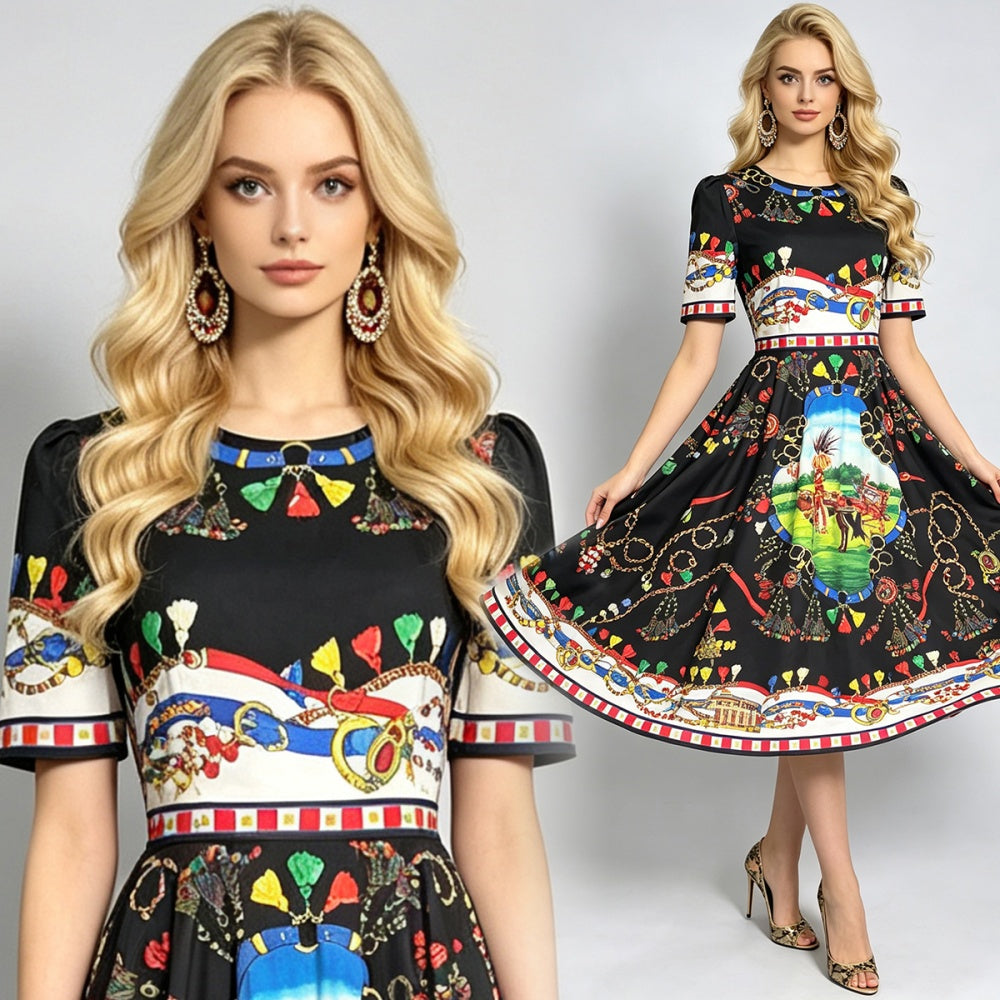 CM-DY072453 Women Elegant European Style Round Neck Short Sleeve High Waist Midi Dress - Black