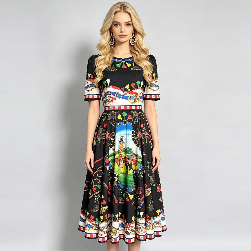 CM-DY072453 Women Elegant European Style Round Neck Short Sleeve High Waist Midi Dress - Black