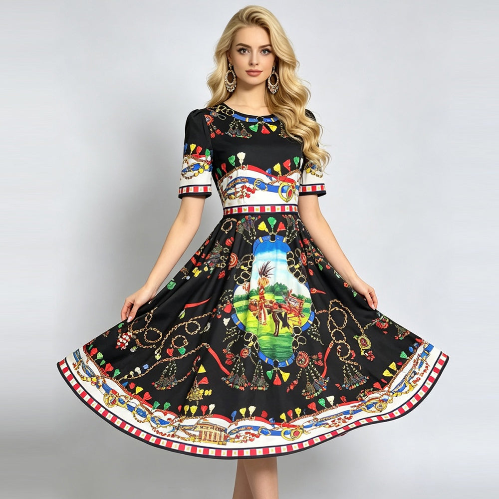 CM-DY072453 Women Elegant European Style Round Neck Short Sleeve High Waist Midi Dress - Black