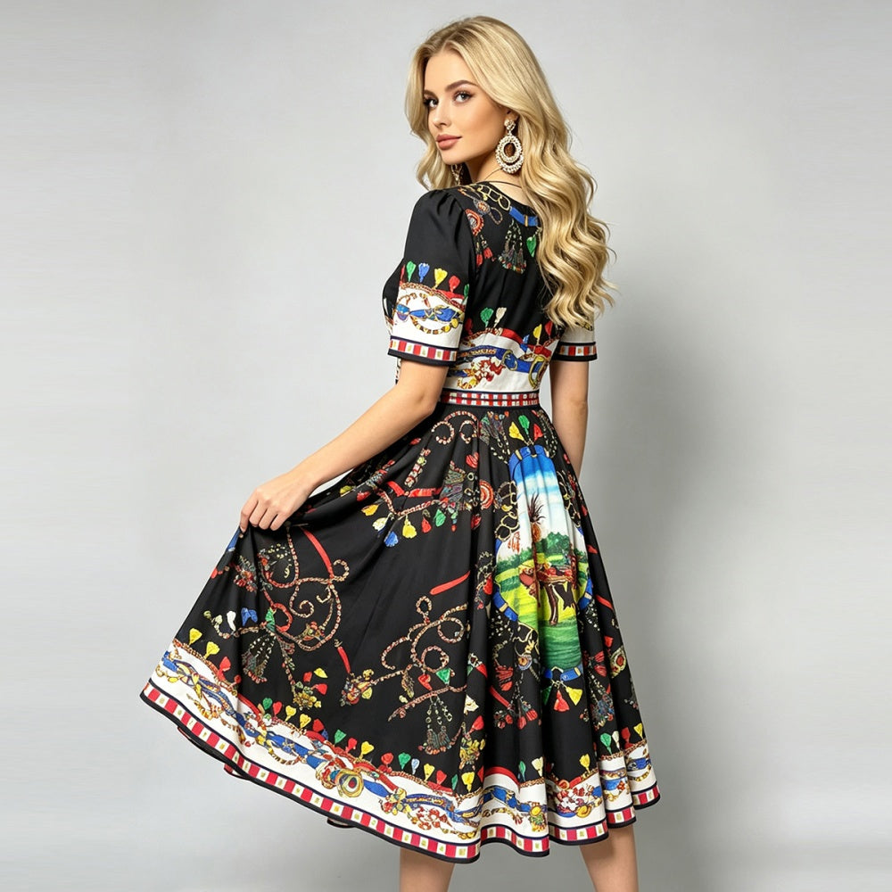 CM-DY072453 Women Elegant European Style Round Neck Short Sleeve High Waist Midi Dress - Black