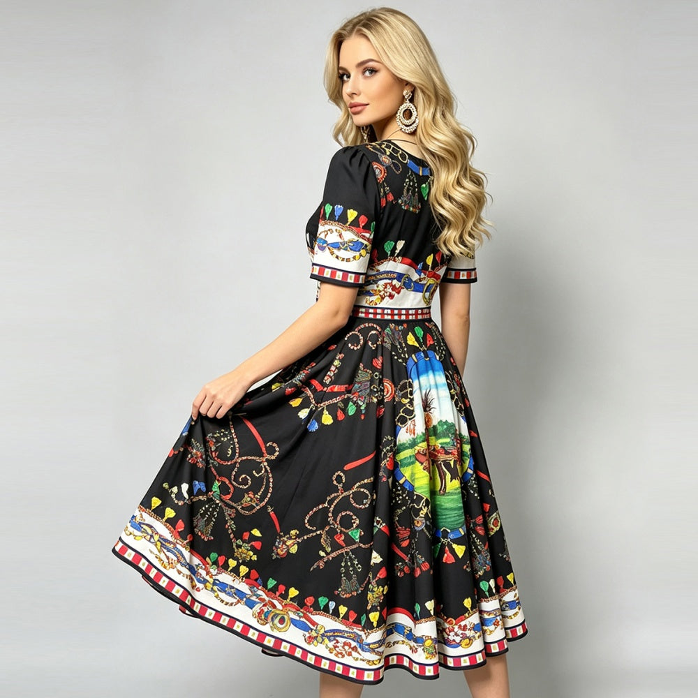 CM-DY072453 Women Elegant European Style Round Neck Short Sleeve High Waist Midi Dress - Black