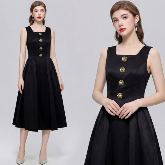 CM-DY072456 Women Elegant European Style Square Collar Sleeveless A-Line Mid-Length Dress - Black