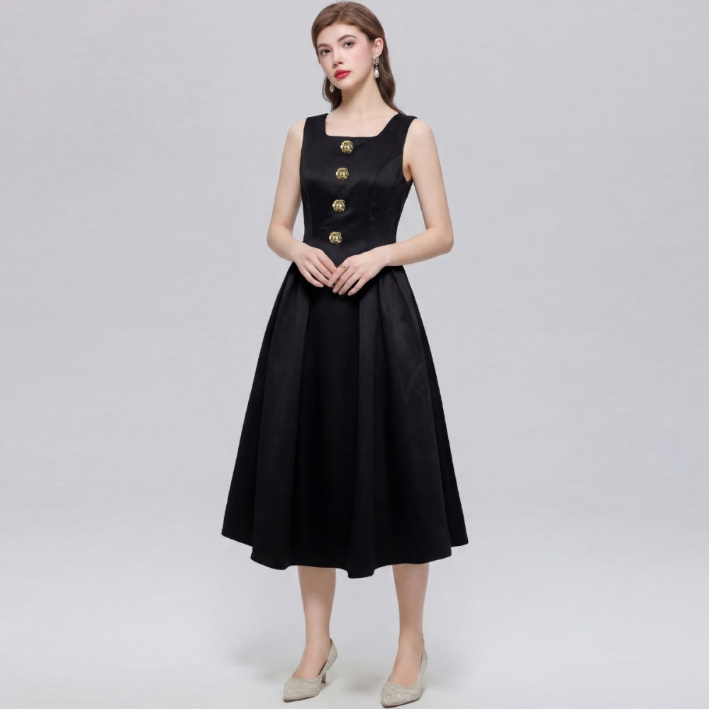 CM-DY072456 Women Elegant European Style Square Collar Sleeveless A-Line Mid-Length Dress - Black