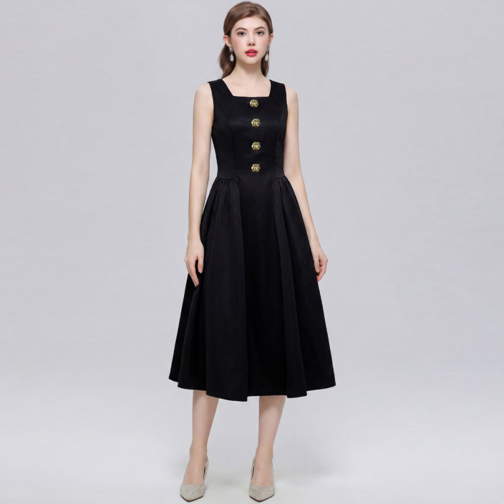 CM-DY072456 Women Elegant European Style Square Collar Sleeveless A-Line Mid-Length Dress - Black