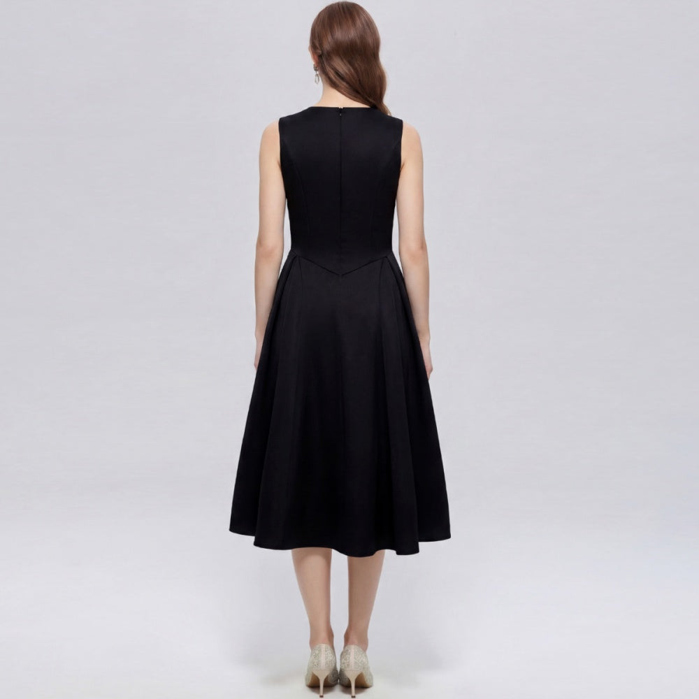 CM-DY072456 Women Elegant European Style Square Collar Sleeveless A-Line Mid-Length Dress - Black