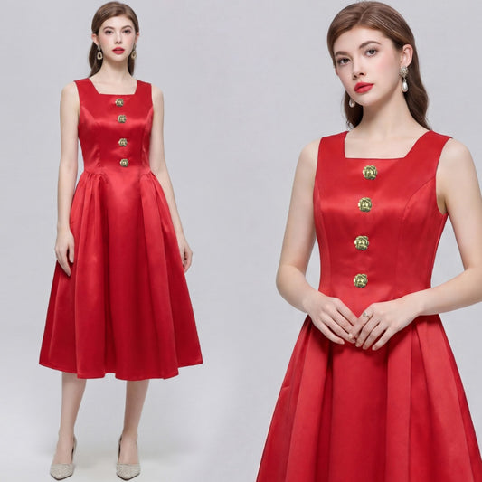 CM-DY072457 Women Elegant European Style Square Collar Sleeveless A-Line Mid-Length Dress - Red