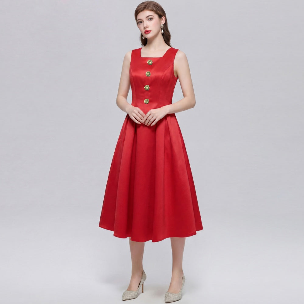 CM-DY072457 Women Elegant European Style Square Collar Sleeveless A-Line Mid-Length Dress - Red