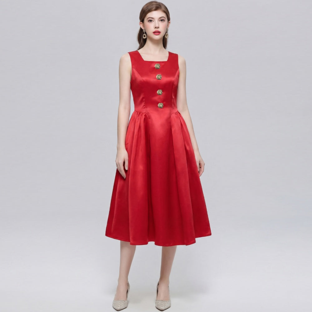 CM-DY072457 Women Elegant European Style Square Collar Sleeveless A-Line Mid-Length Dress - Red