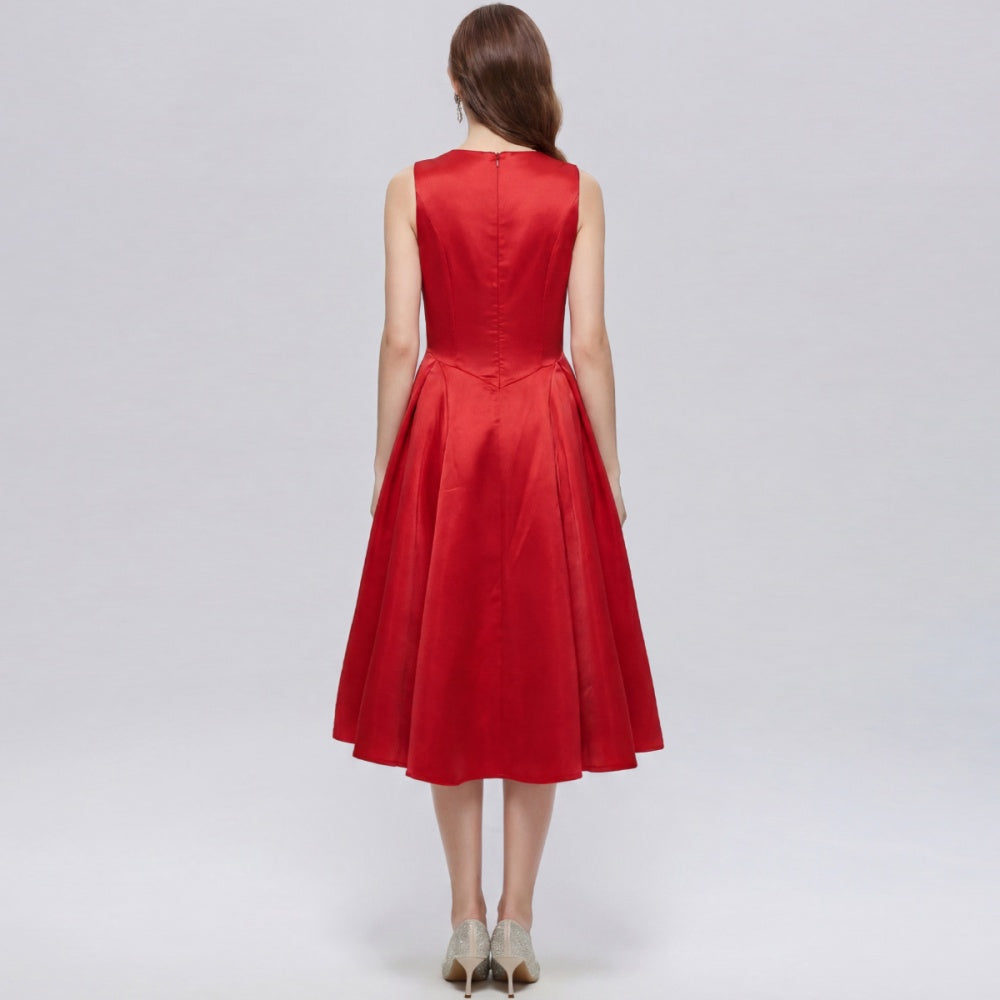 CM-DY072457 Women Elegant European Style Square Collar Sleeveless A-Line Mid-Length Dress - Red