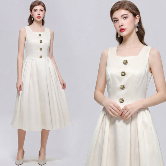 CM-DY072458 Women Elegant European Style Square Collar Sleeveless A-Line Mid-Length Dress - Apricot