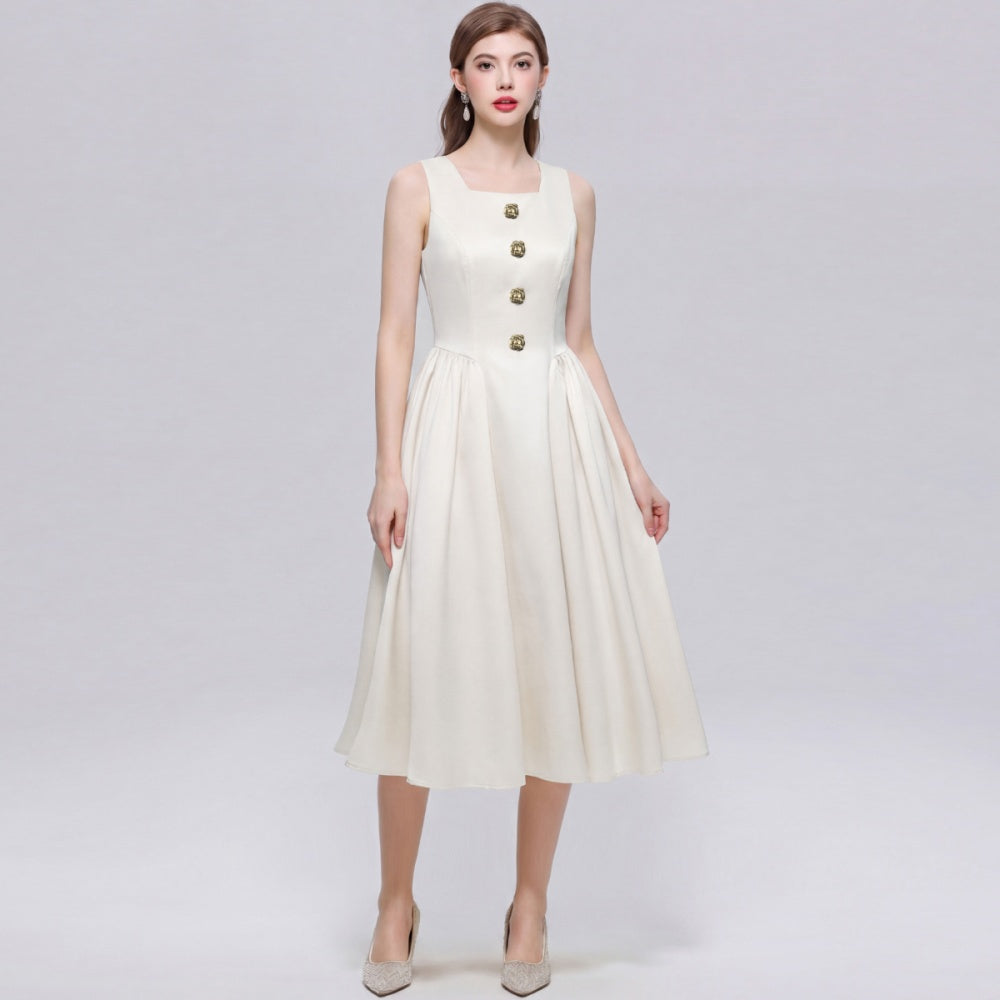 CM-DY072458 Women Elegant European Style Square Collar Sleeveless A-Line Mid-Length Dress - Apricot