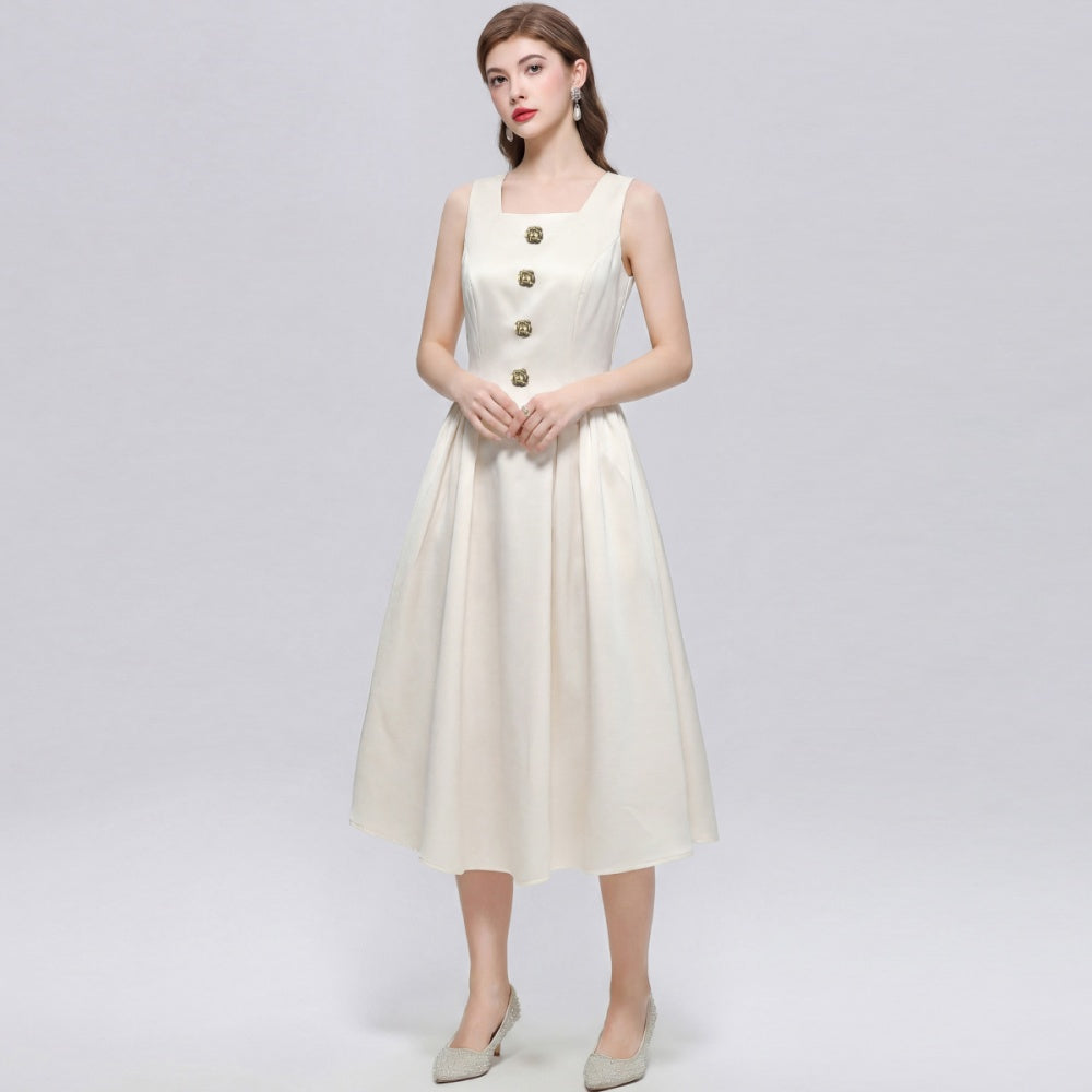 CM-DY072458 Women Elegant European Style Square Collar Sleeveless A-Line Mid-Length Dress - Apricot
