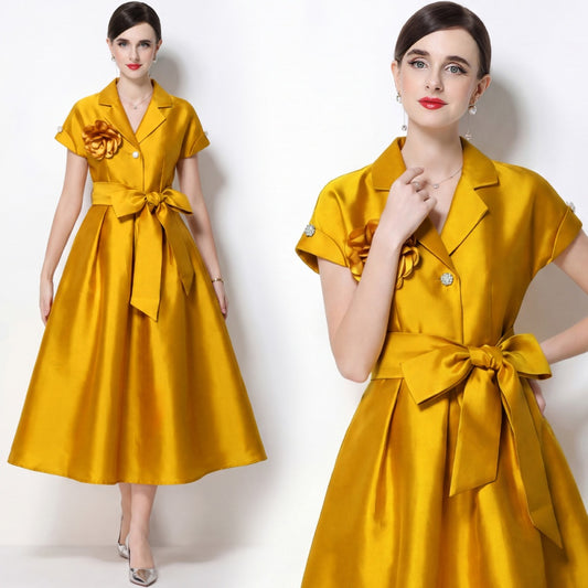 CM-DY072472 Women Elegant European Style Suit Collar Short Sleeve Pinched Waist Mid-Length Dress - Yellow